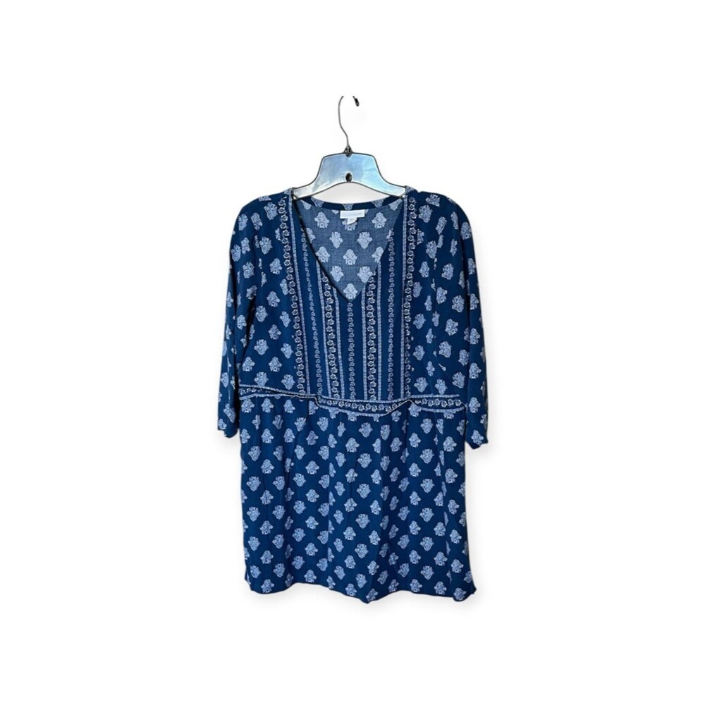J. Jill Blue/White Seaside Woodblock Print Pullover V Neck Tunic Top Size Small